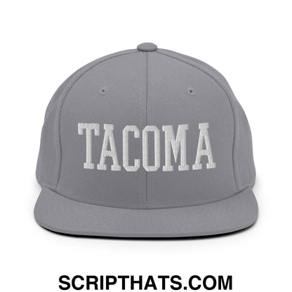 Tacoma Varisty College Block Embroidered Flat Bill Brim Snapback Hat Silver