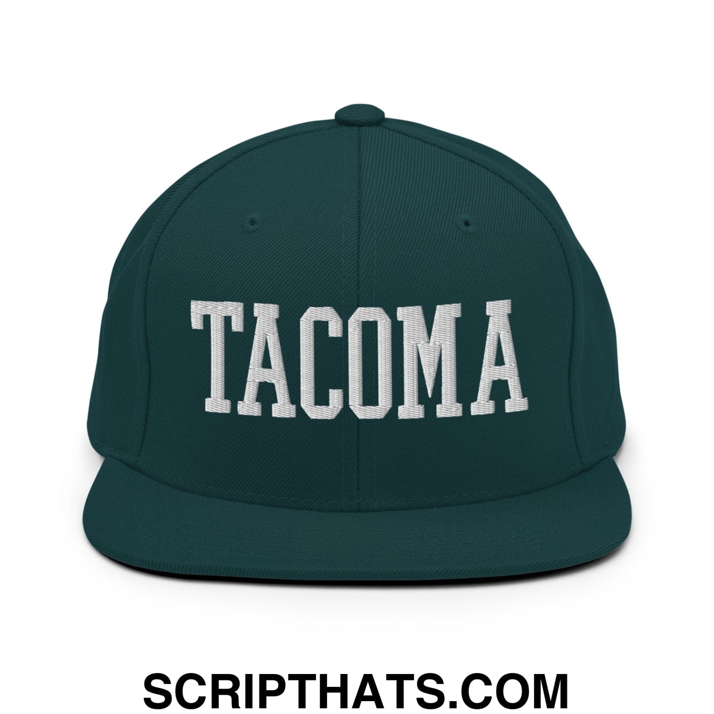 Tacoma Varisty College Block Embroidered Flat Bill Brim Snapback Hat Spruce