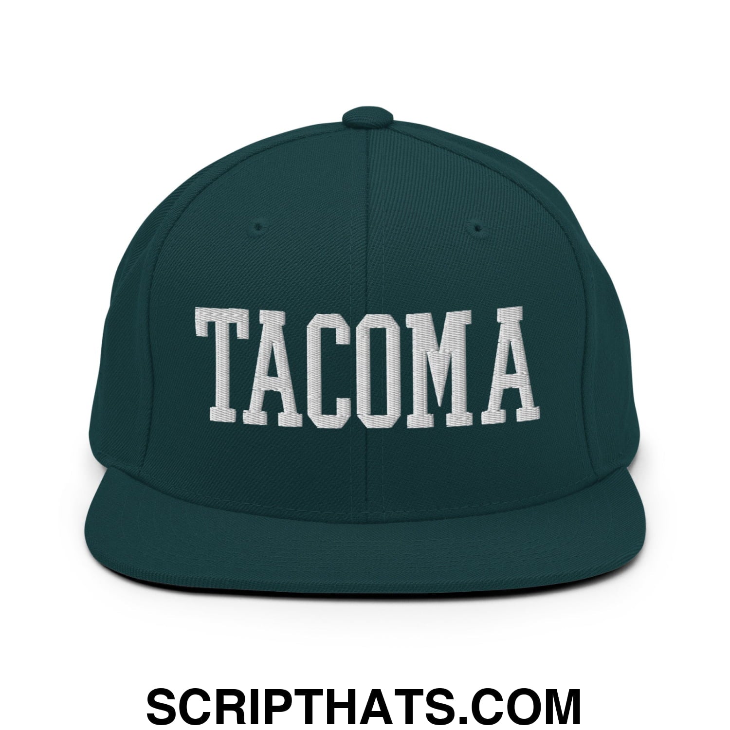 Tacoma Varisty College Block Embroidered Flat Bill Brim Snapback Hat Spruce