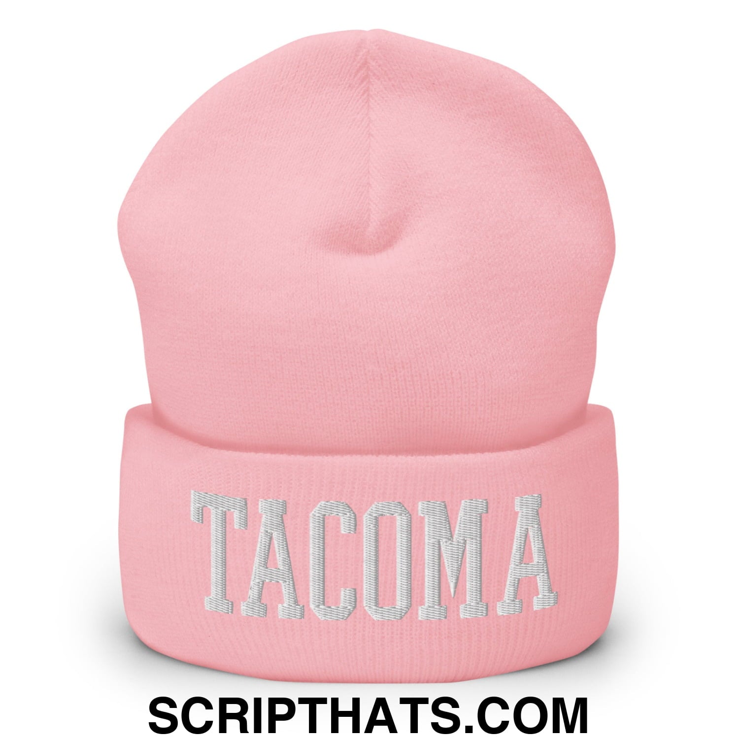 Tacoma Varisty College Block Embroidered Knit Cuffed Beanie Baby Pink