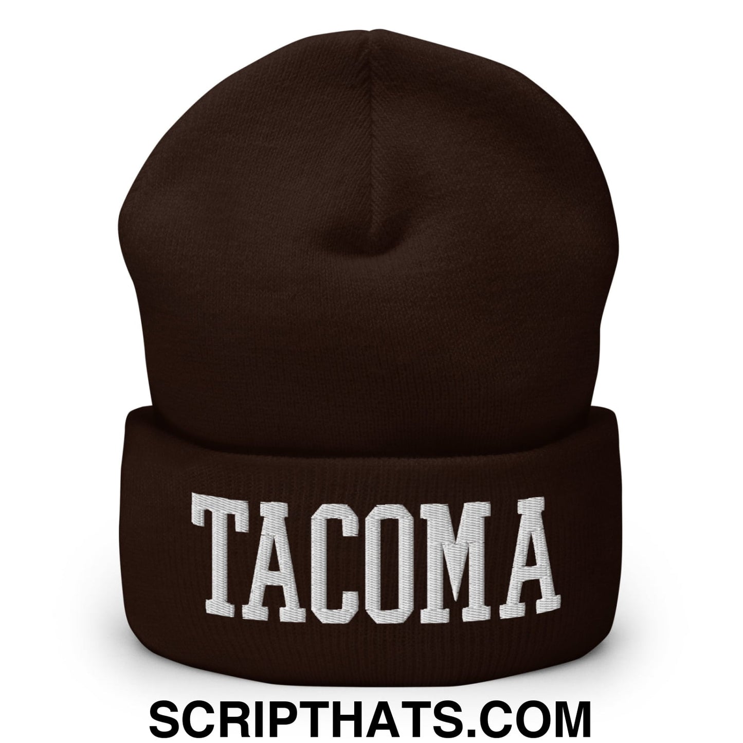 Tacoma Varisty College Block Embroidered Knit Cuffed Beanie Brown