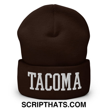 Tacoma Varisty College Block Embroidered Knit Cuffed Beanie Brown