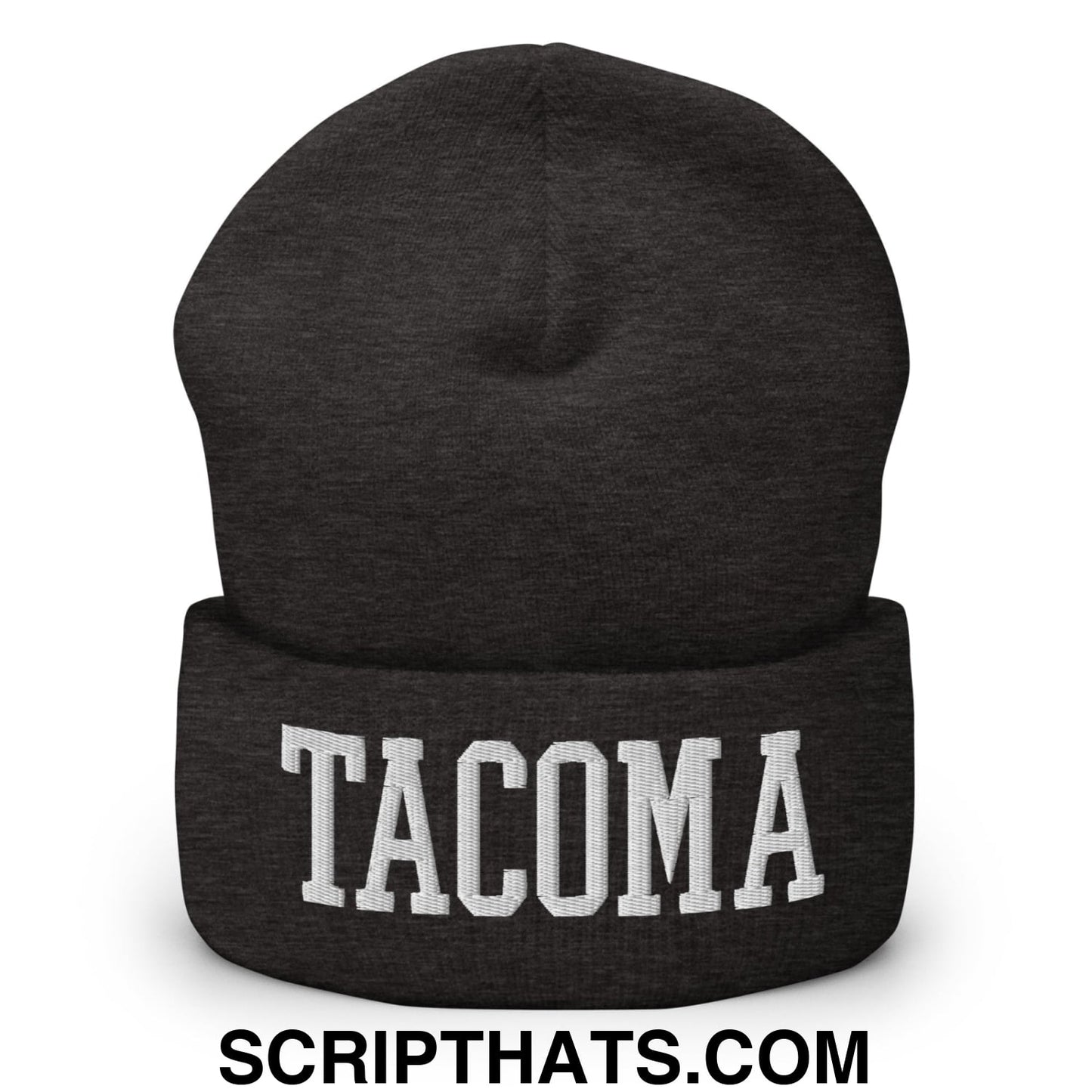 Tacoma Varisty College Block Embroidered Knit Cuffed Beanie Dark Grey