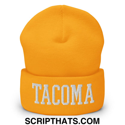 Tacoma Varisty College Block Embroidered Knit Cuffed Beanie Gold