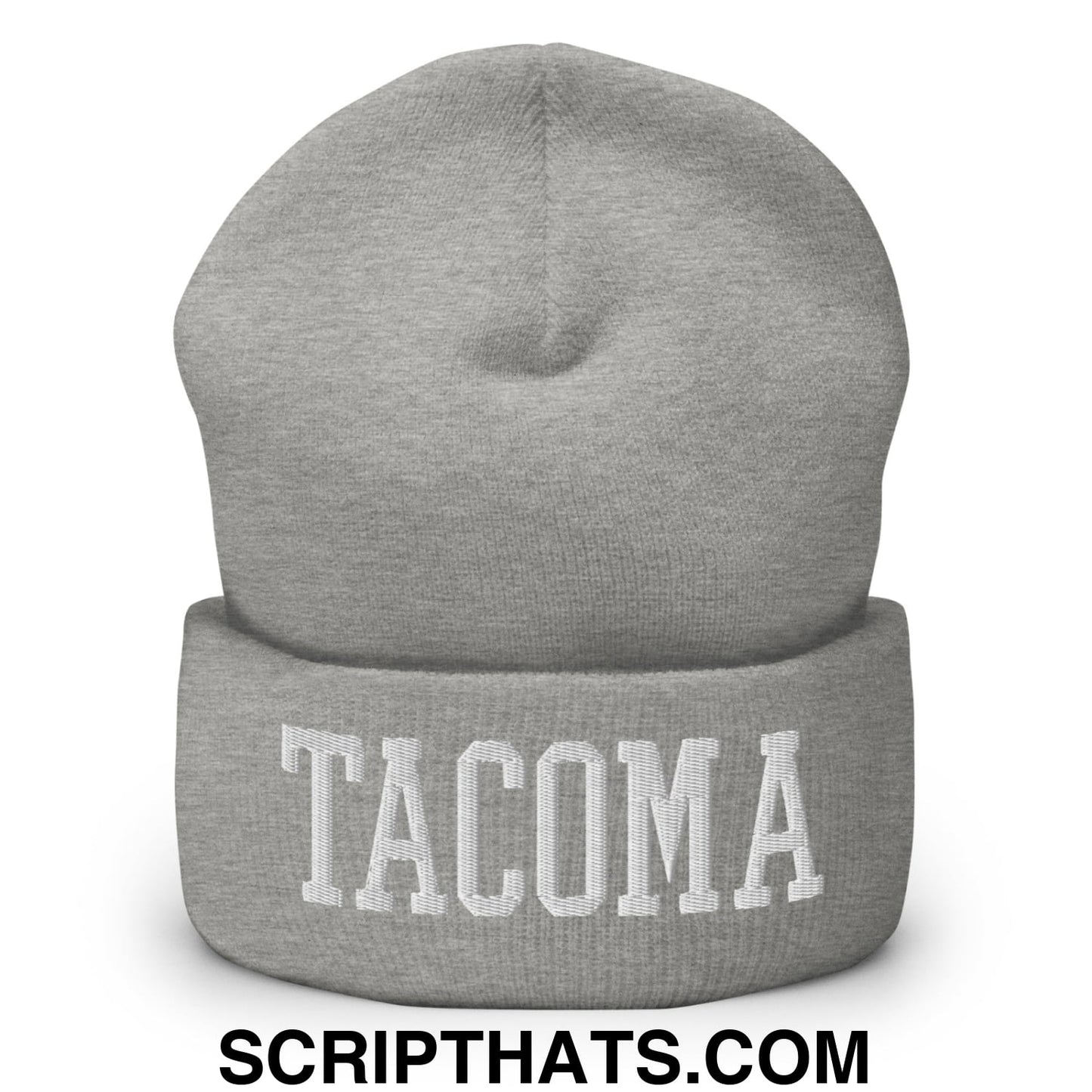 Tacoma Varisty College Block Embroidered Knit Cuffed Beanie Heather Grey