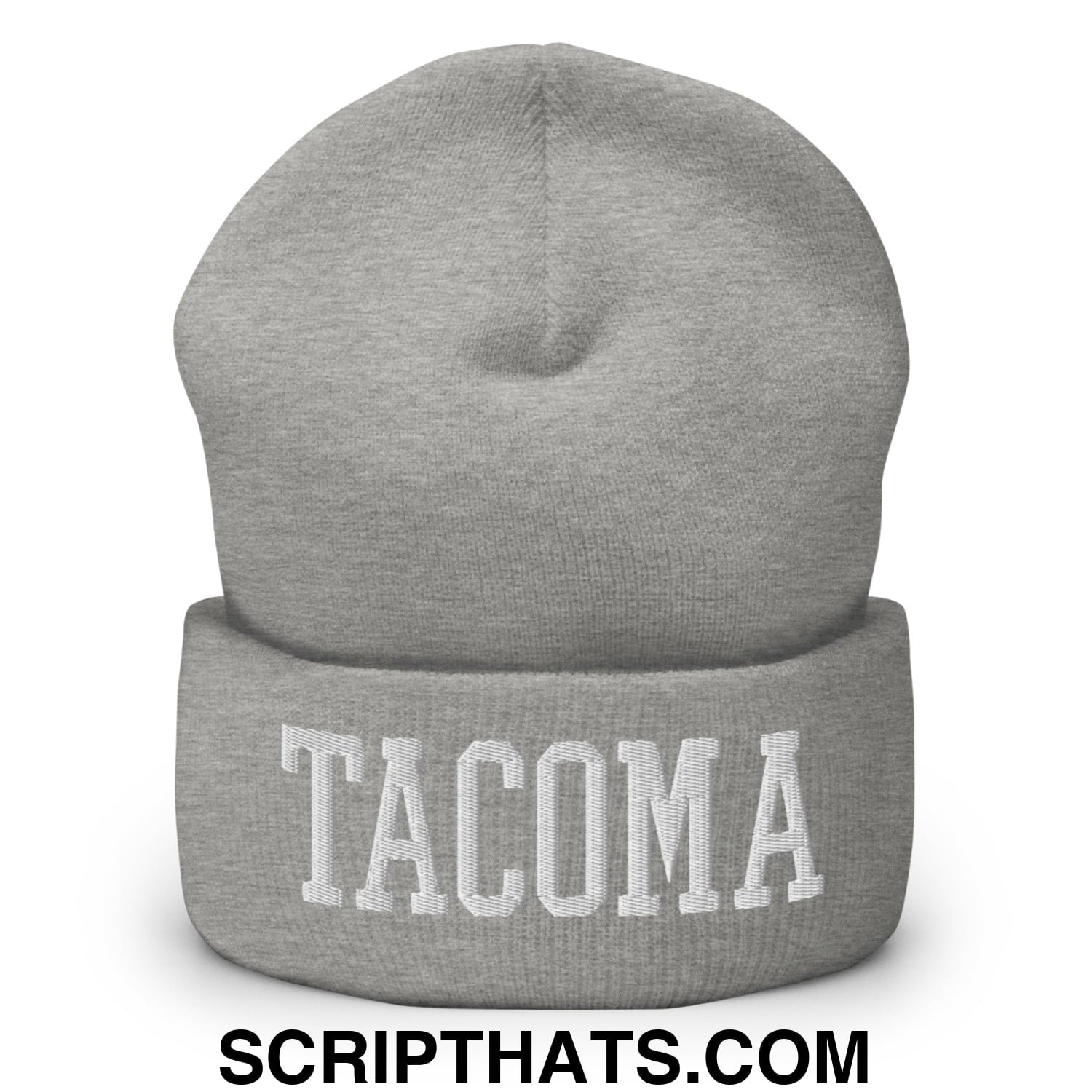 Tacoma Varisty College Block Embroidered Knit Cuffed Beanie Heather Grey