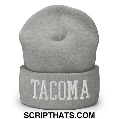 Tacoma Varisty College Block Embroidered Knit Cuffed Beanie Heather Grey