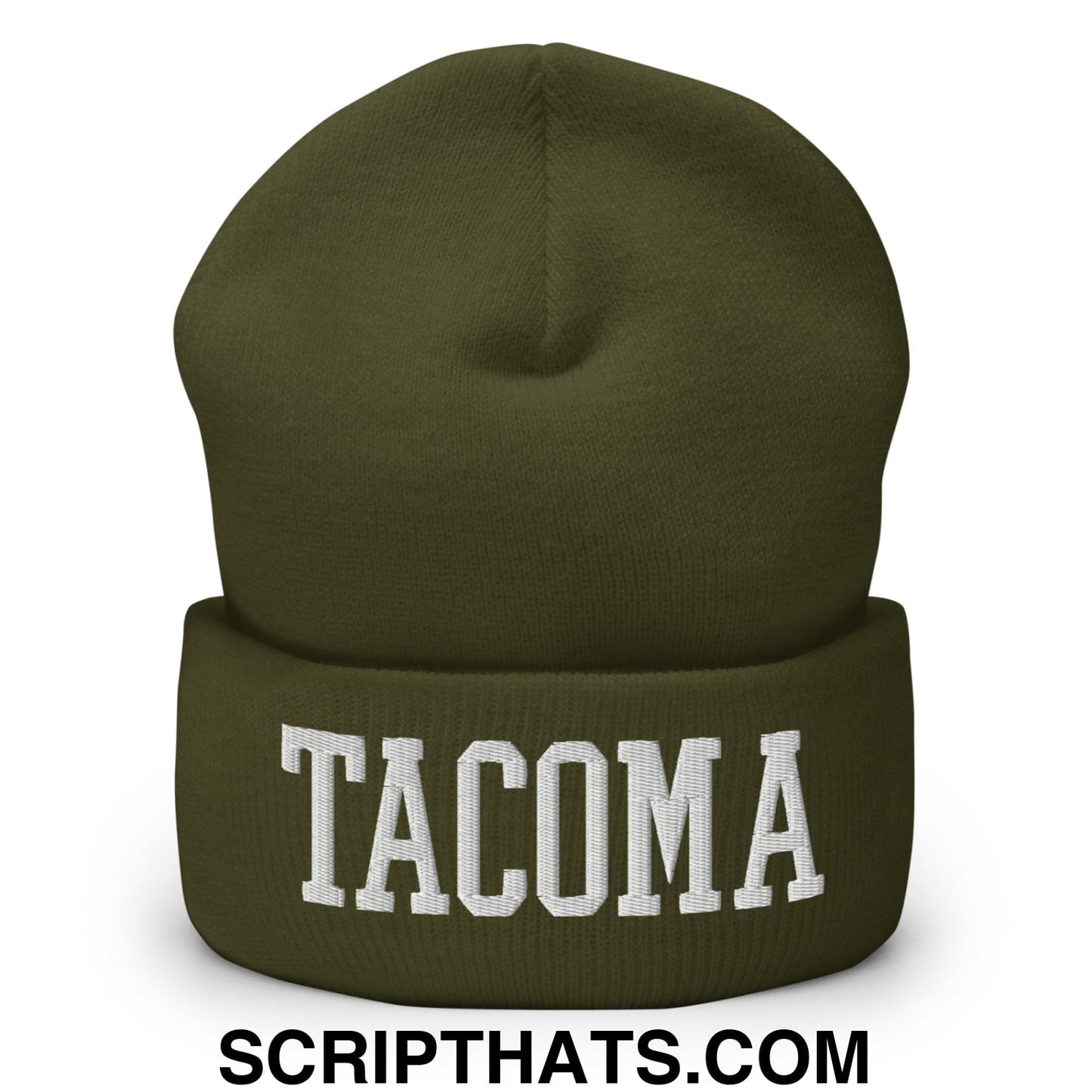 Tacoma Varisty College Block Embroidered Knit Cuffed Beanie Olive