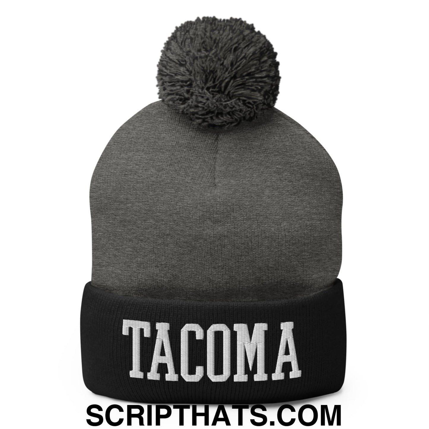 Tacoma Varisty College Block Embroidered Knit Pom Pom Beanie Dark Heather Grey Black