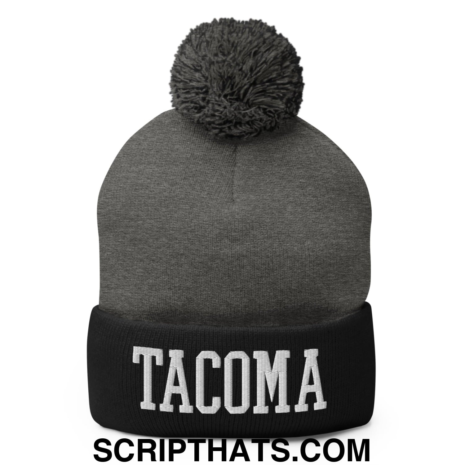 Tacoma Varisty College Block Embroidered Knit Pom Pom Beanie Dark Heather Grey Black