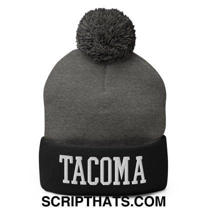 Tacoma Varisty College Block Embroidered Knit Pom Pom Beanie Dark Heather Grey Black