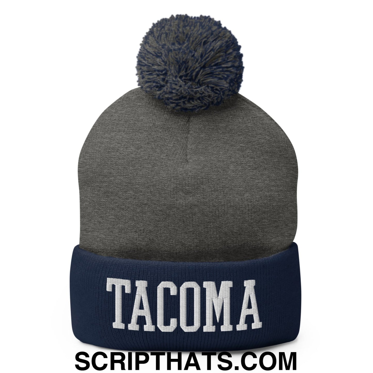 Tacoma Varisty College Block Embroidered Knit Pom Pom Beanie Dark Heather Grey Navy