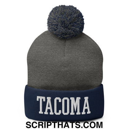 Tacoma Varisty College Block Embroidered Knit Pom Pom Beanie Dark Heather Grey Navy