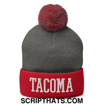 Tacoma Varisty College Block Embroidered Knit Pom Pom Beanie Dark Heather Grey Red
