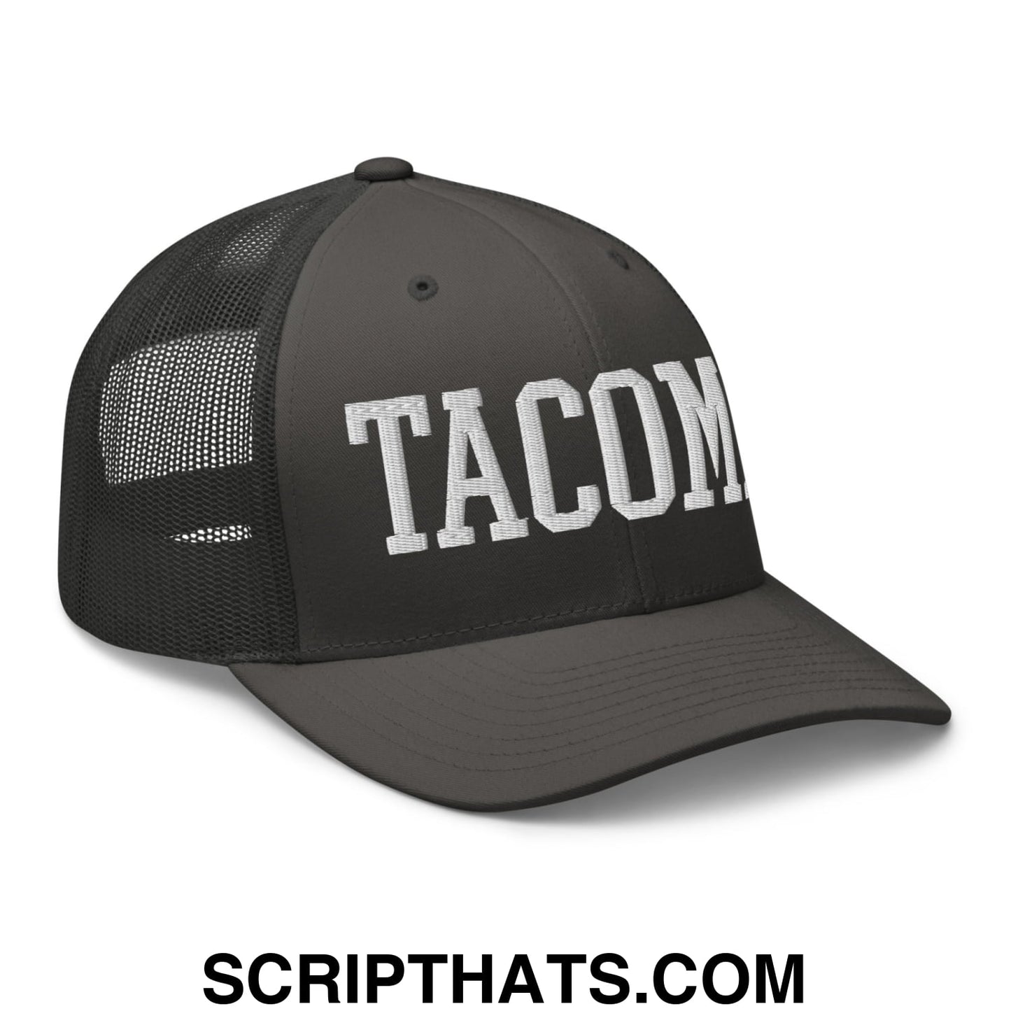 Tacoma Varisty College Block Embroidered Mesh Trucker Hat Charcoal