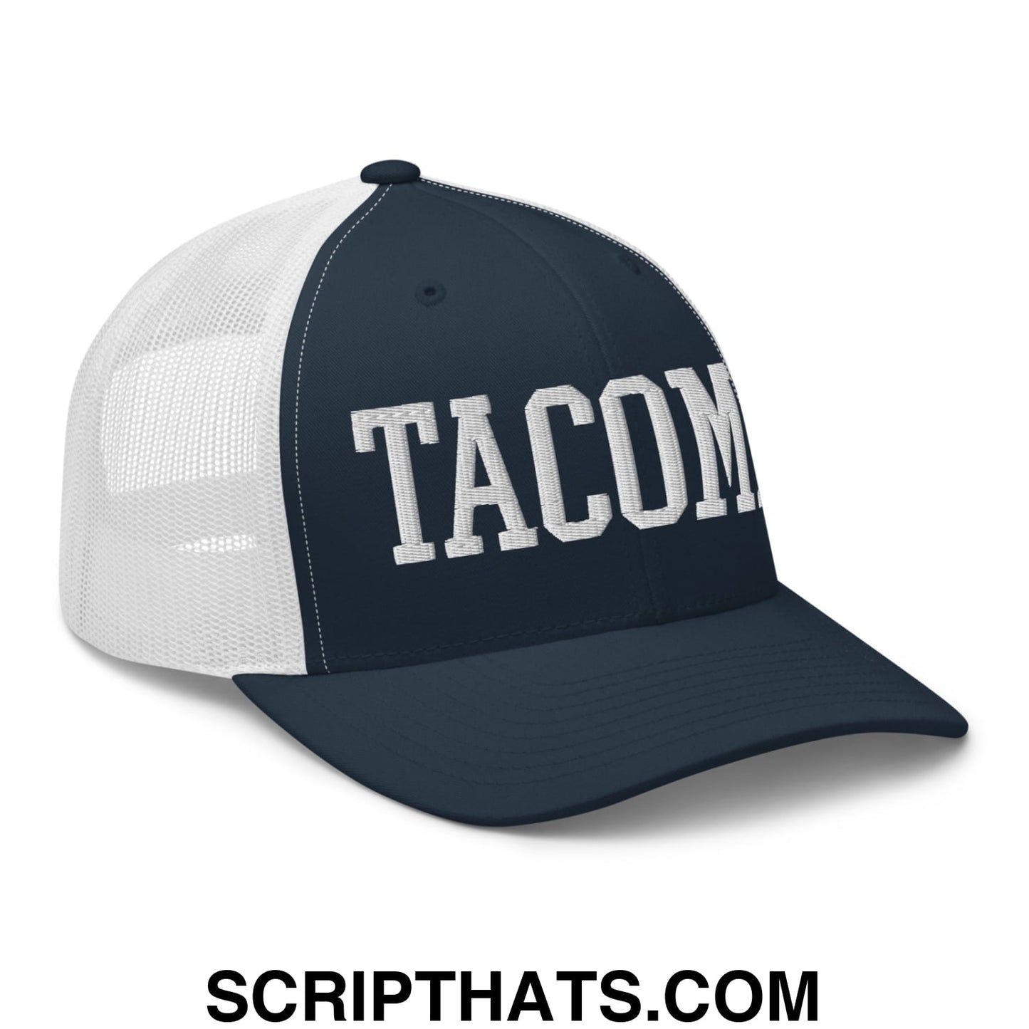 Tacoma Varisty College Block Embroidered Mesh Trucker Hat Navy White