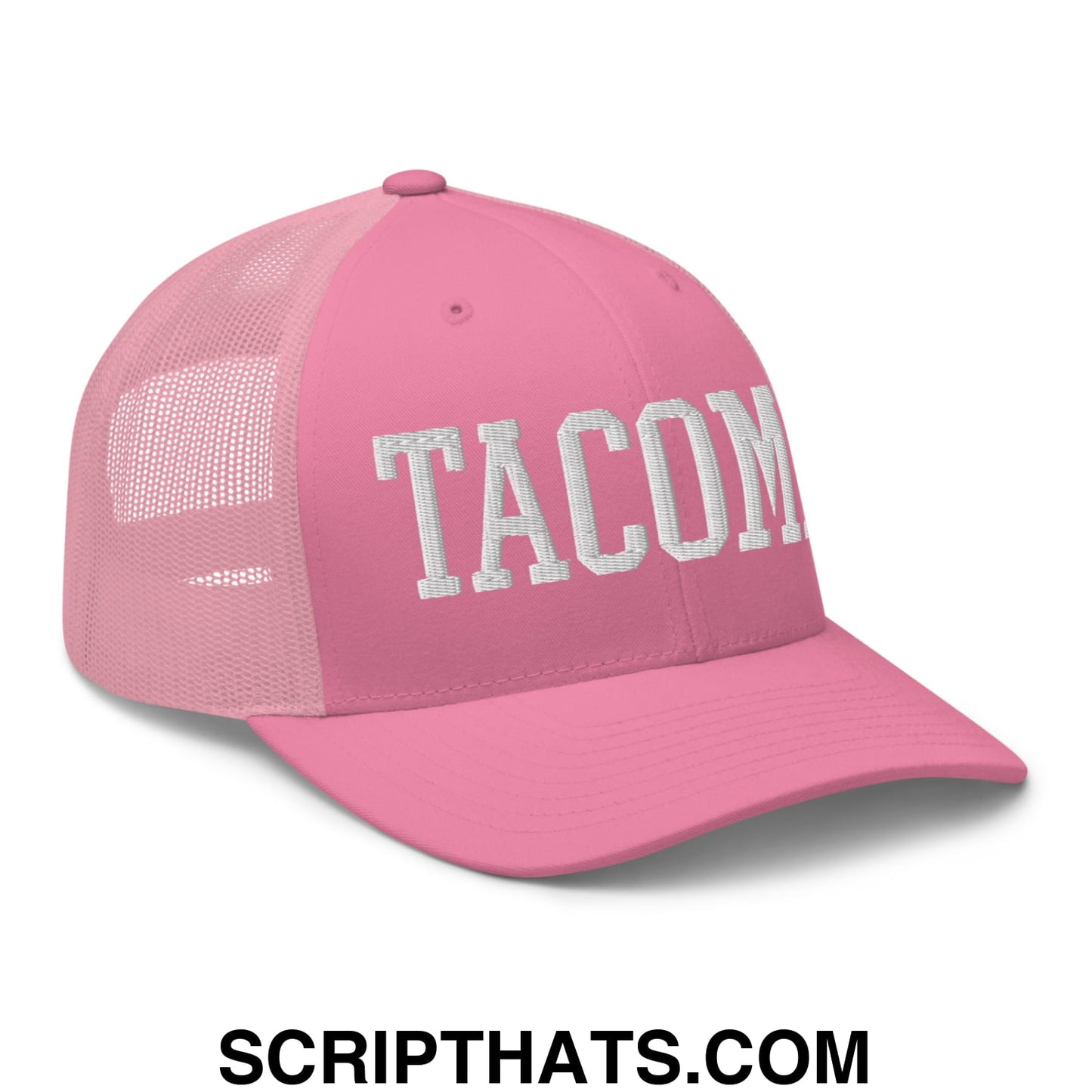 Tacoma Varisty College Block Embroidered Mesh Trucker Hat Pink