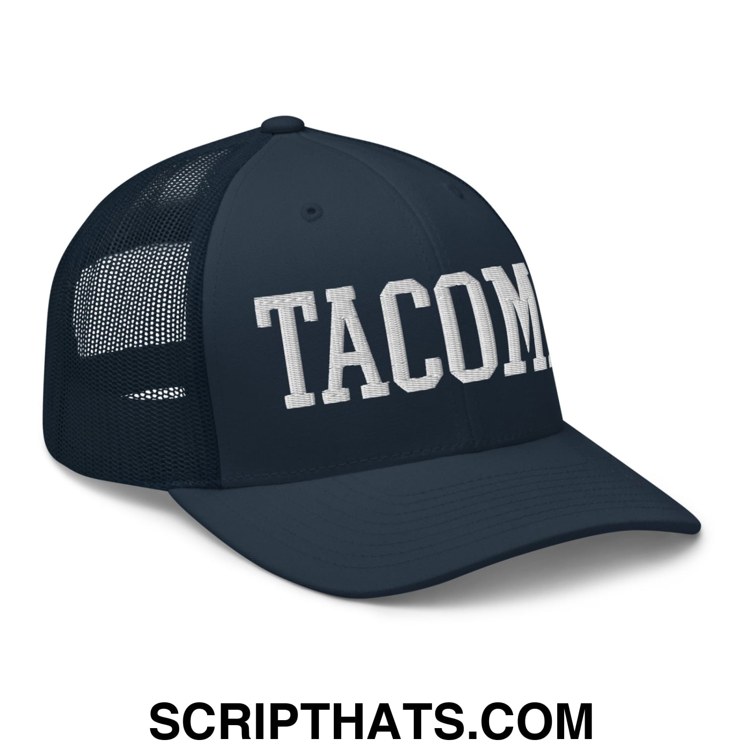 Tacoma Varisty College Block Embroidered Mesh Trucker Hat Navy