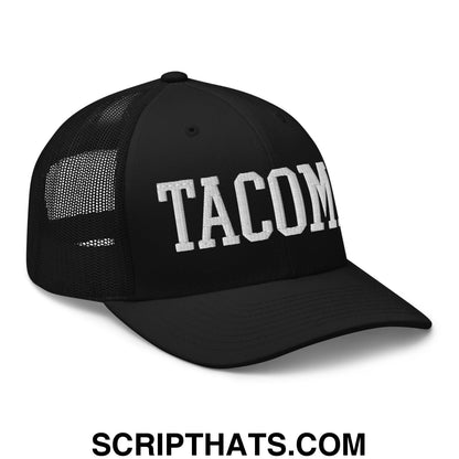Tacoma Varisty College Block Embroidered Mesh Trucker Hat Black
