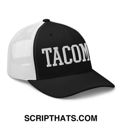 Tacoma Varisty College Block Embroidered Mesh Trucker Hat Black White