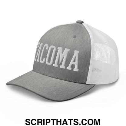 Tacoma Varisty College Block Embroidered Mesh Trucker Hat Heather Grey White