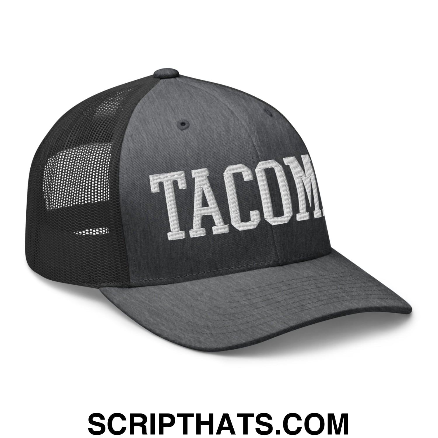 Tacoma Varisty College Block Embroidered Mesh Trucker Hat Dark Heather Gray