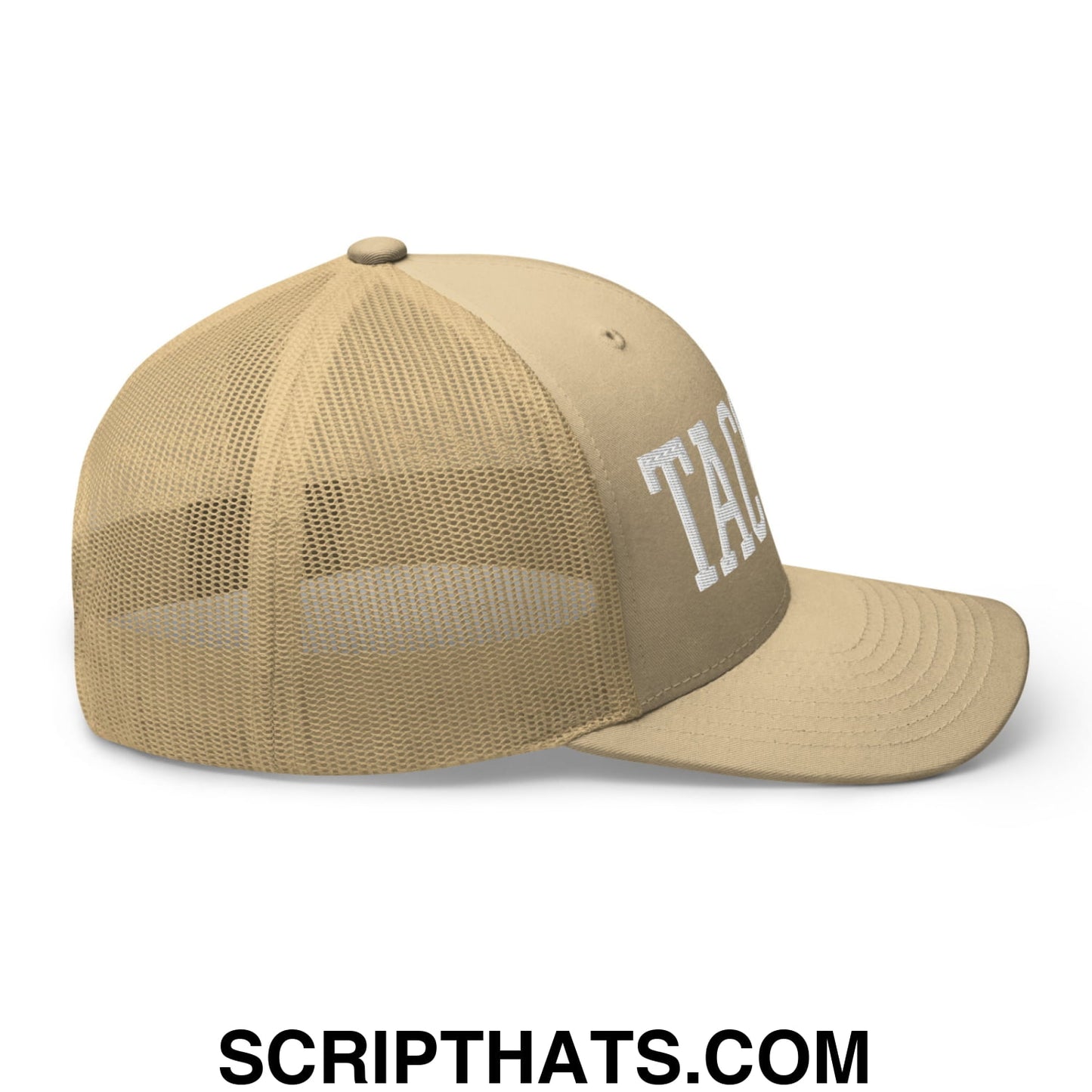 Tacoma Varisty College Block Embroidered Mesh Trucker Hat Khaki