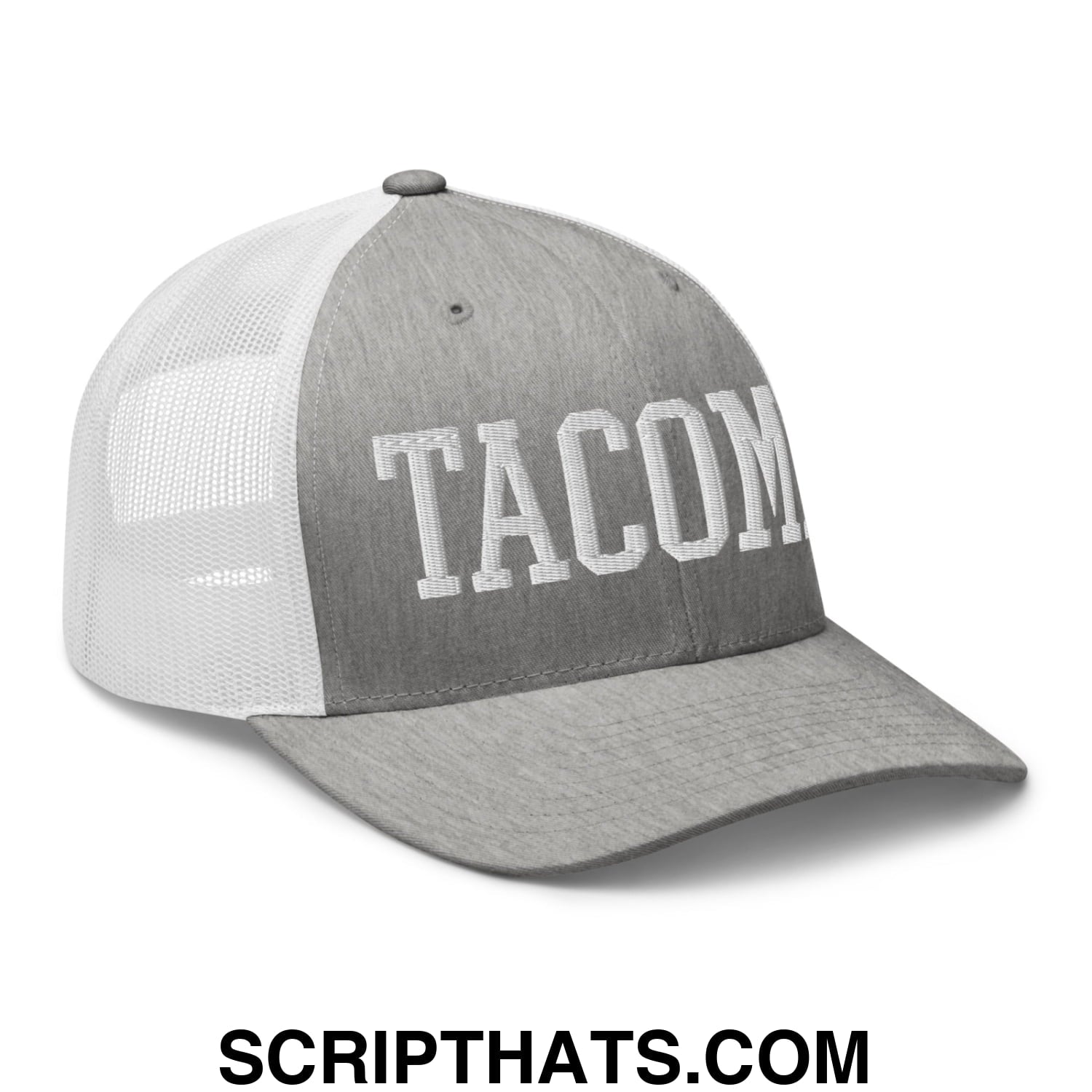 Tacoma Varisty College Block Embroidered Mesh Trucker Hat Heather Grey White