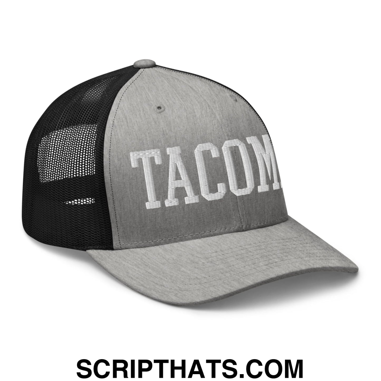 Tacoma Varisty College Block Embroidered Mesh Trucker Hat Heather Black