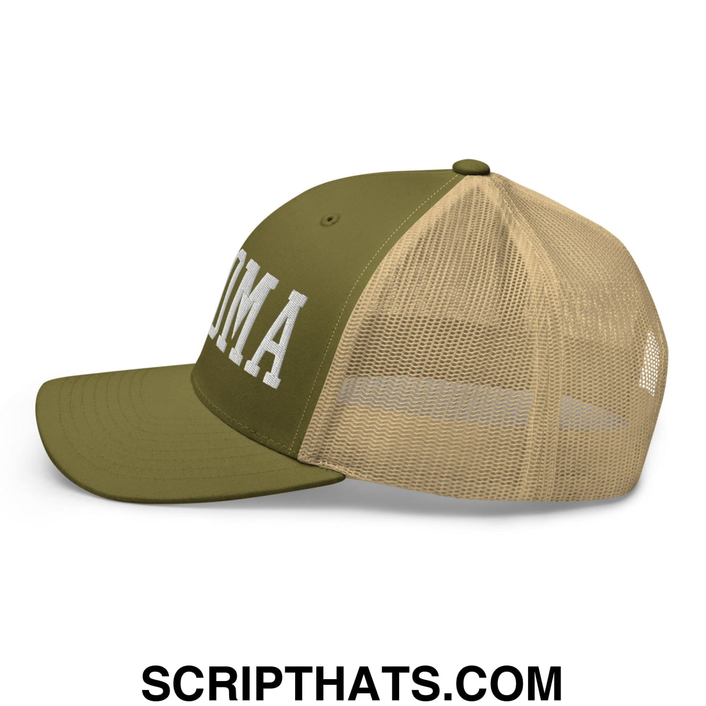 Tacoma Varisty College Block Embroidered Mesh Trucker Hat Moss Khaki