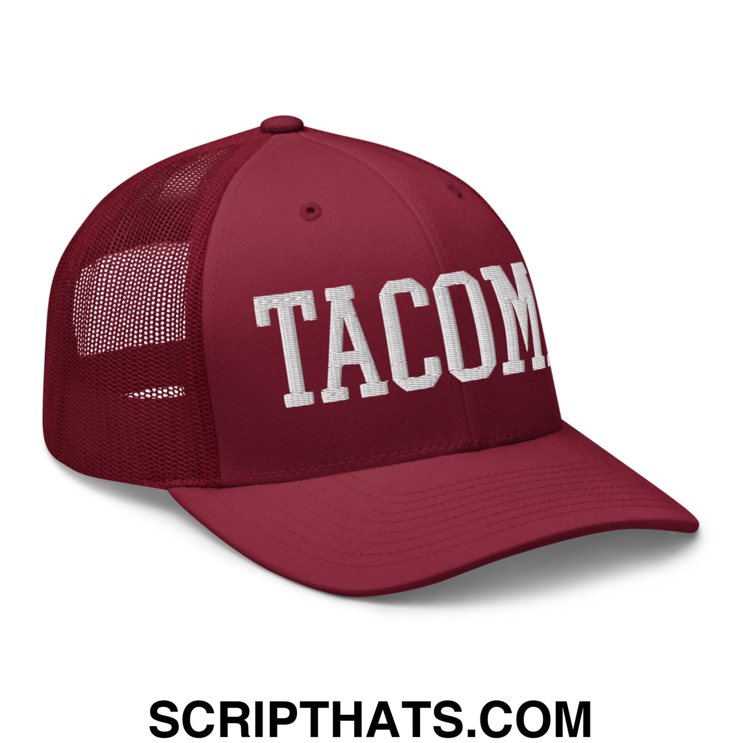 Tacoma Varisty College Block Embroidered Mesh Trucker Hat Cranberry