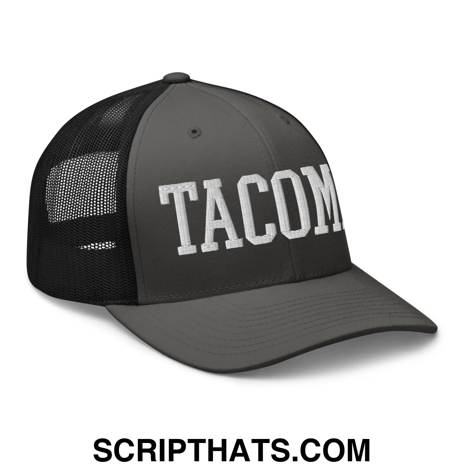 Tacoma Varisty College Block Embroidered Mesh Trucker Hat Charcoal Black