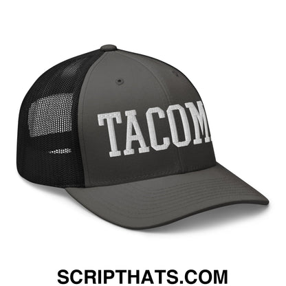 Tacoma Varisty College Block Embroidered Mesh Trucker Hat Charcoal Black