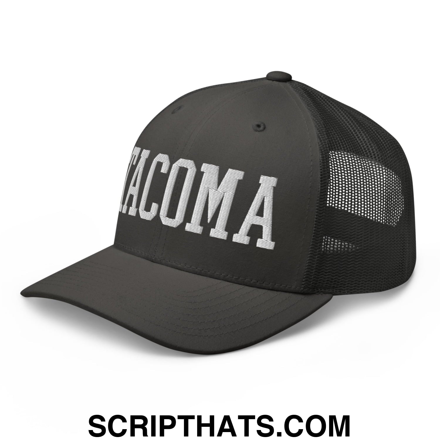 Tacoma Varisty College Block Embroidered Mesh Trucker Hat Charcoal