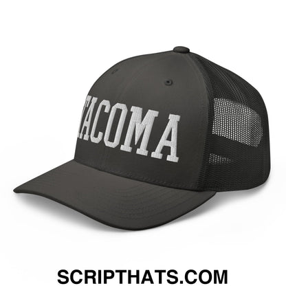 Tacoma Varisty College Block Embroidered Mesh Trucker Hat Charcoal