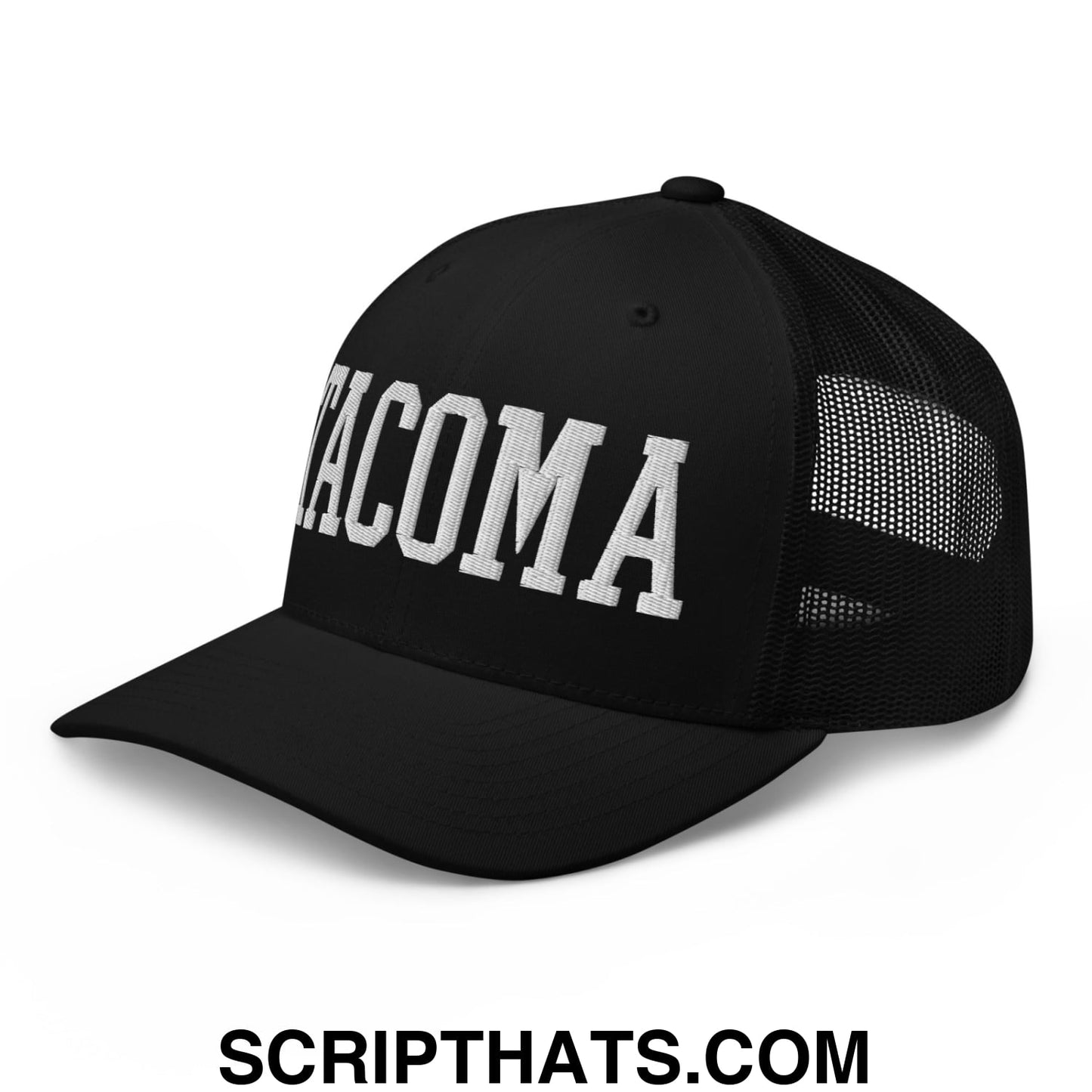 Tacoma Varisty College Block Embroidered Mesh Trucker Hat Black