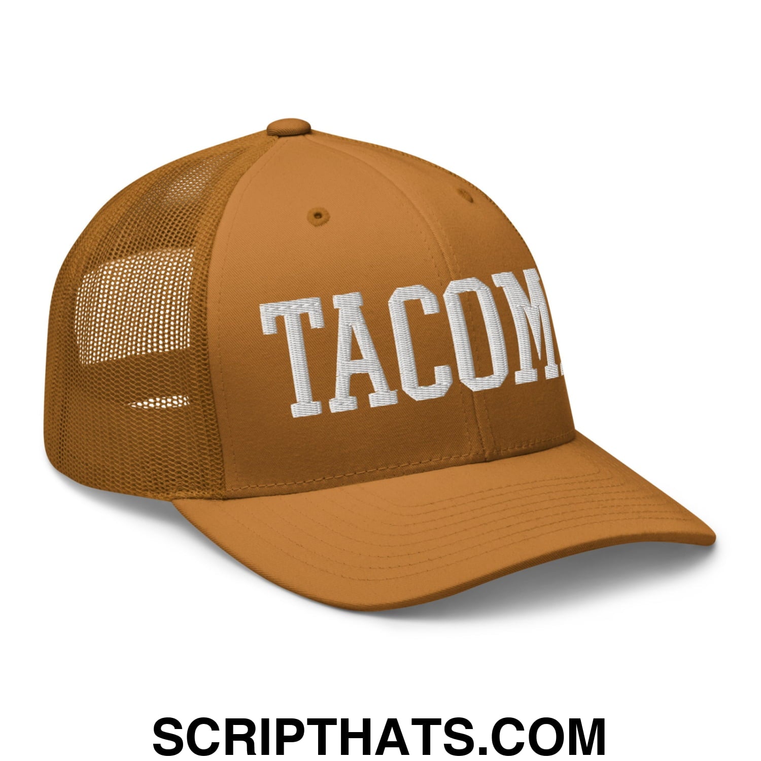 Tacoma Varisty College Block Embroidered Mesh Trucker Hat Caramel