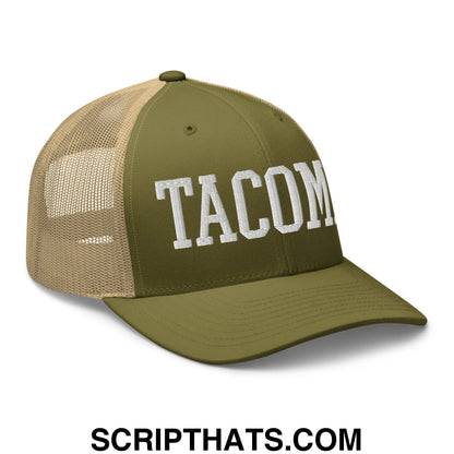 Tacoma Varisty College Block Embroidered Mesh Trucker Hat Moss Khaki