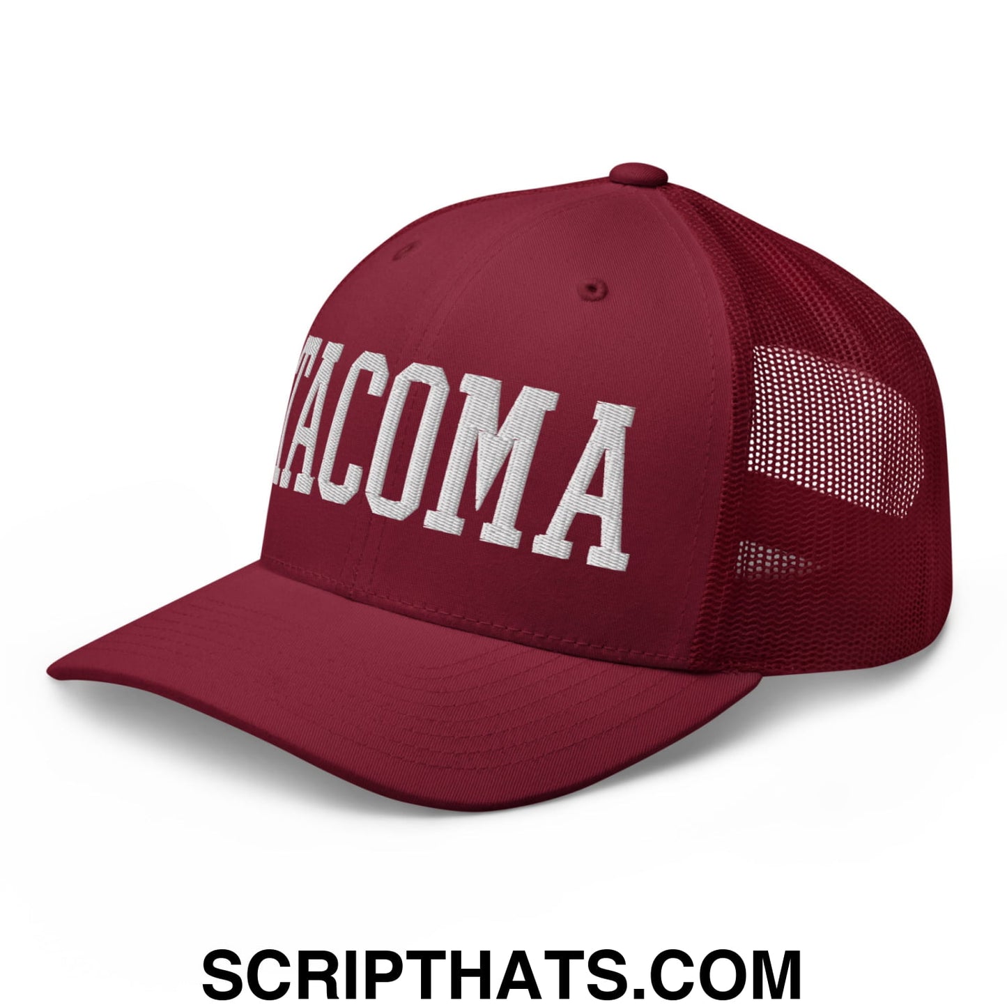 Tacoma Varisty College Block Embroidered Mesh Trucker Hat Cranberry