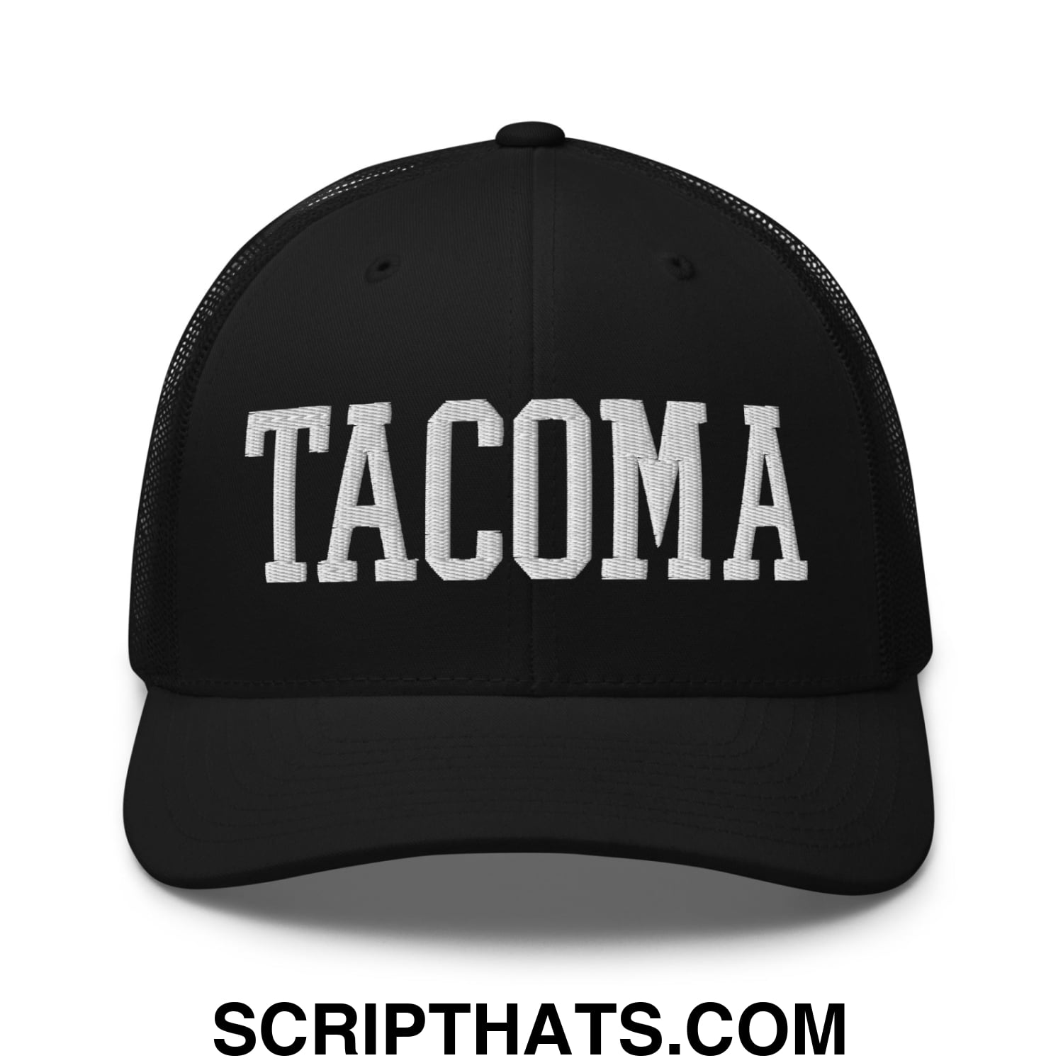 Tacoma Varisty College Block Embroidered Mesh Trucker Hat Black