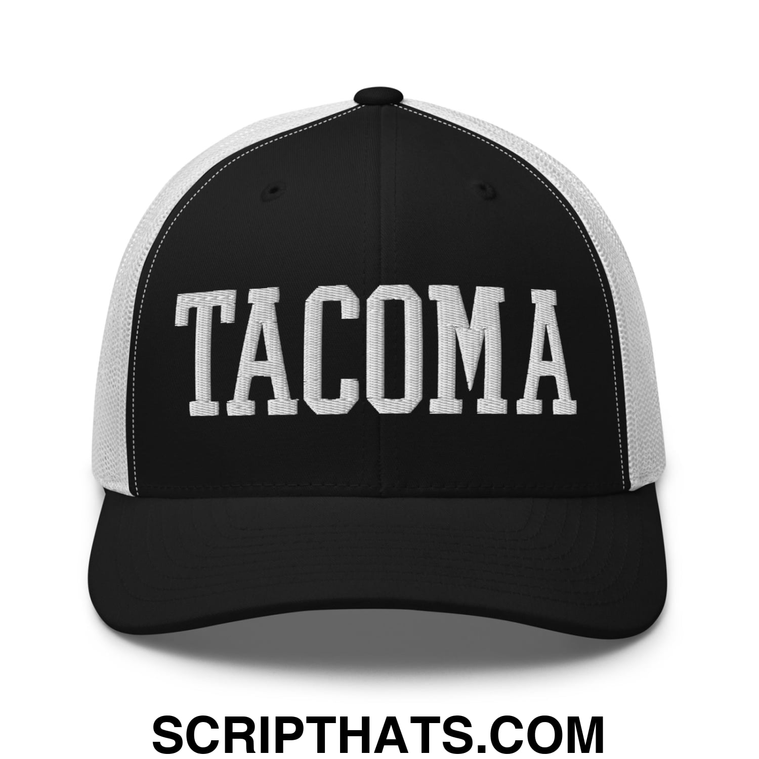 Tacoma Varisty College Block Embroidered Mesh Trucker Hat Black White