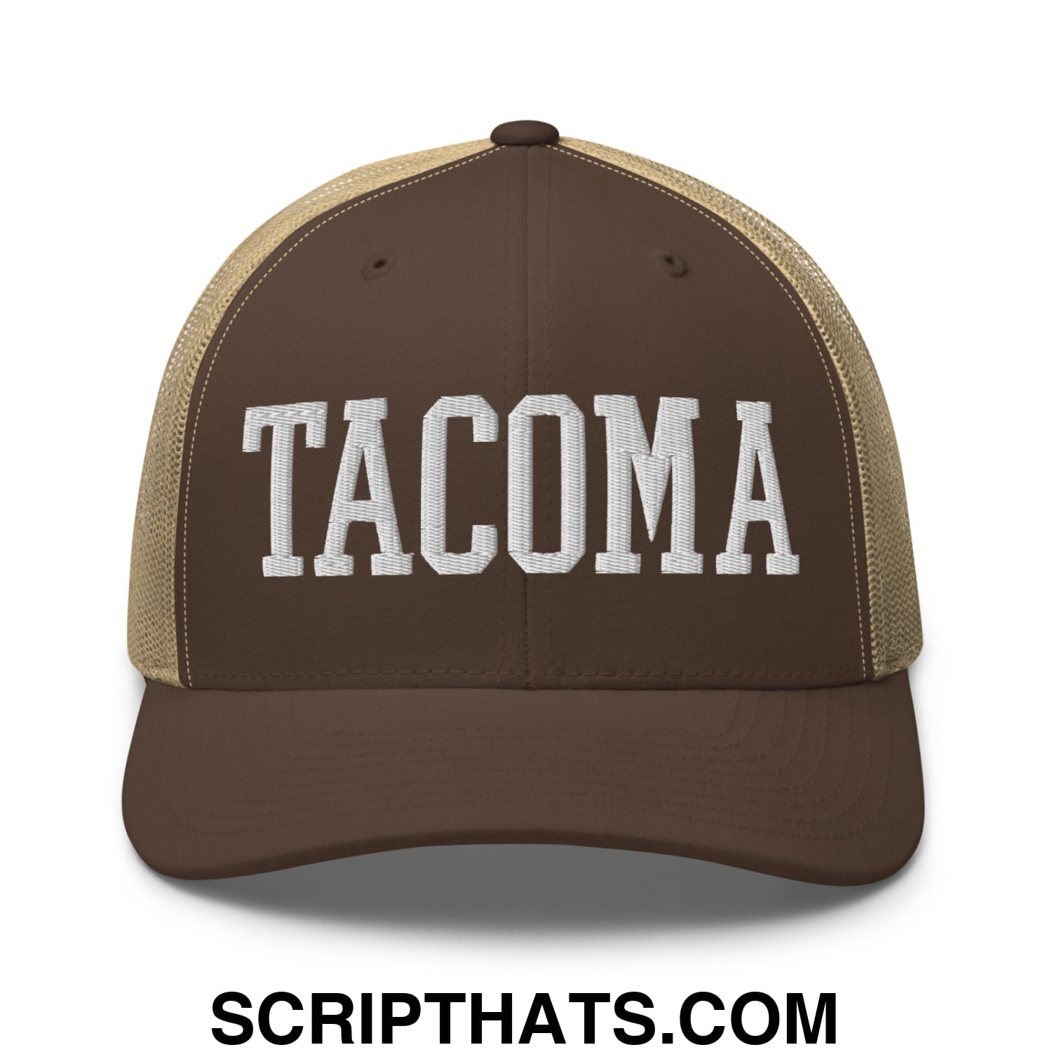 Tacoma Varisty College Block Embroidered Mesh Trucker Hat Brown Khaki