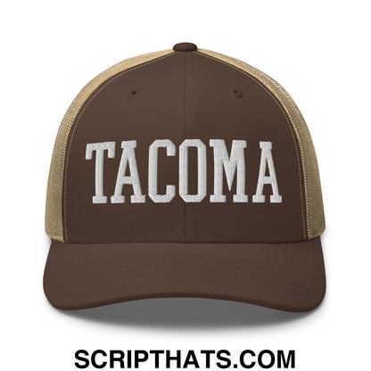 Tacoma Varisty College Block Embroidered Mesh Trucker Hat Brown Khaki