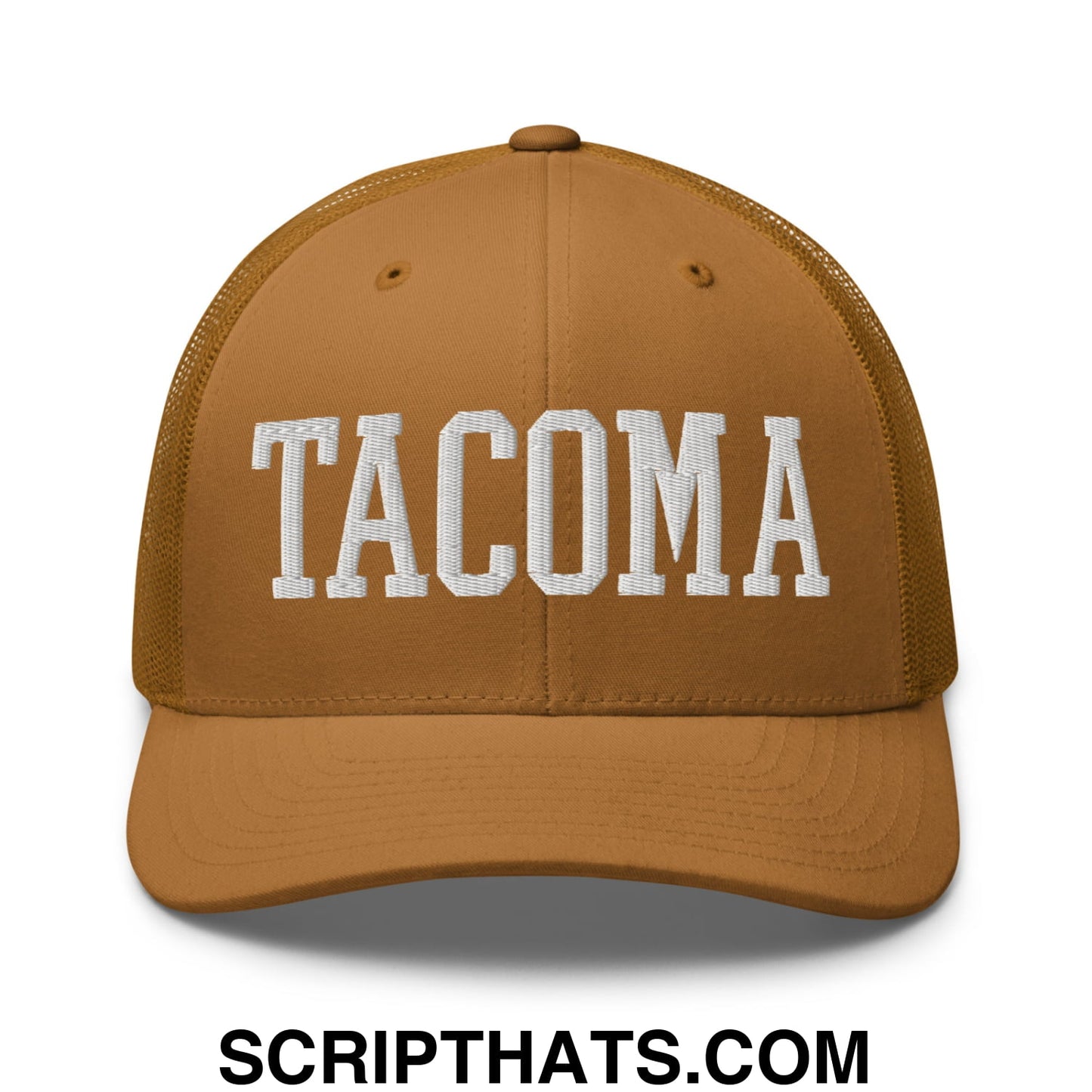 Tacoma Varisty College Block Embroidered Mesh Trucker Hat Caramel