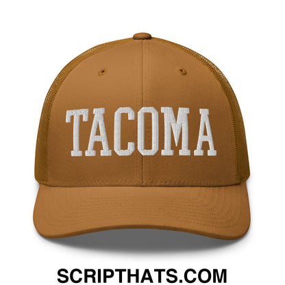 Tacoma Varisty College Block Embroidered Mesh Trucker Hat Caramel