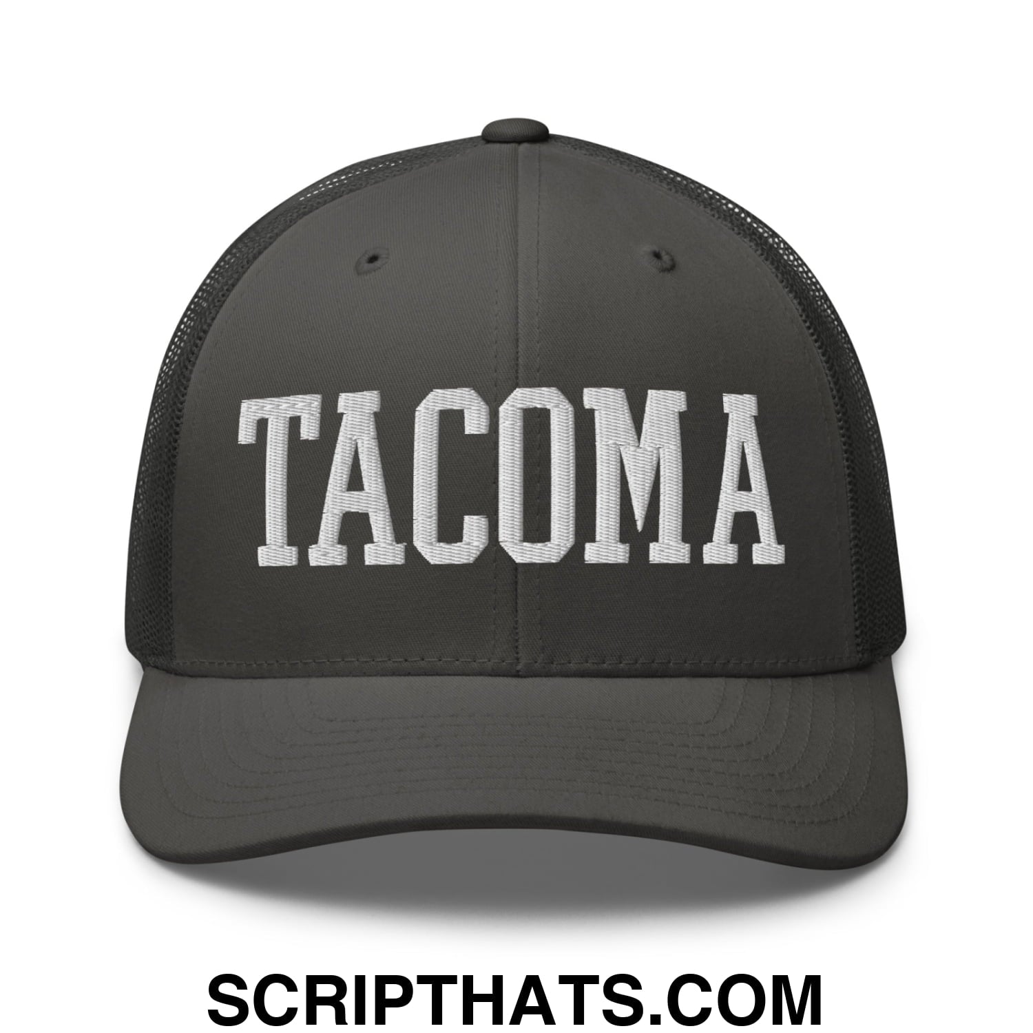 Tacoma Varisty College Block Embroidered Mesh Trucker Hat Charcoal