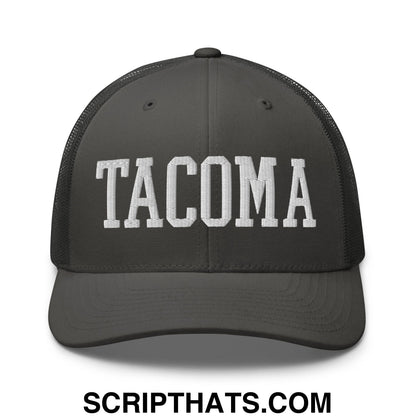 Tacoma Varisty College Block Embroidered Mesh Trucker Hat Charcoal