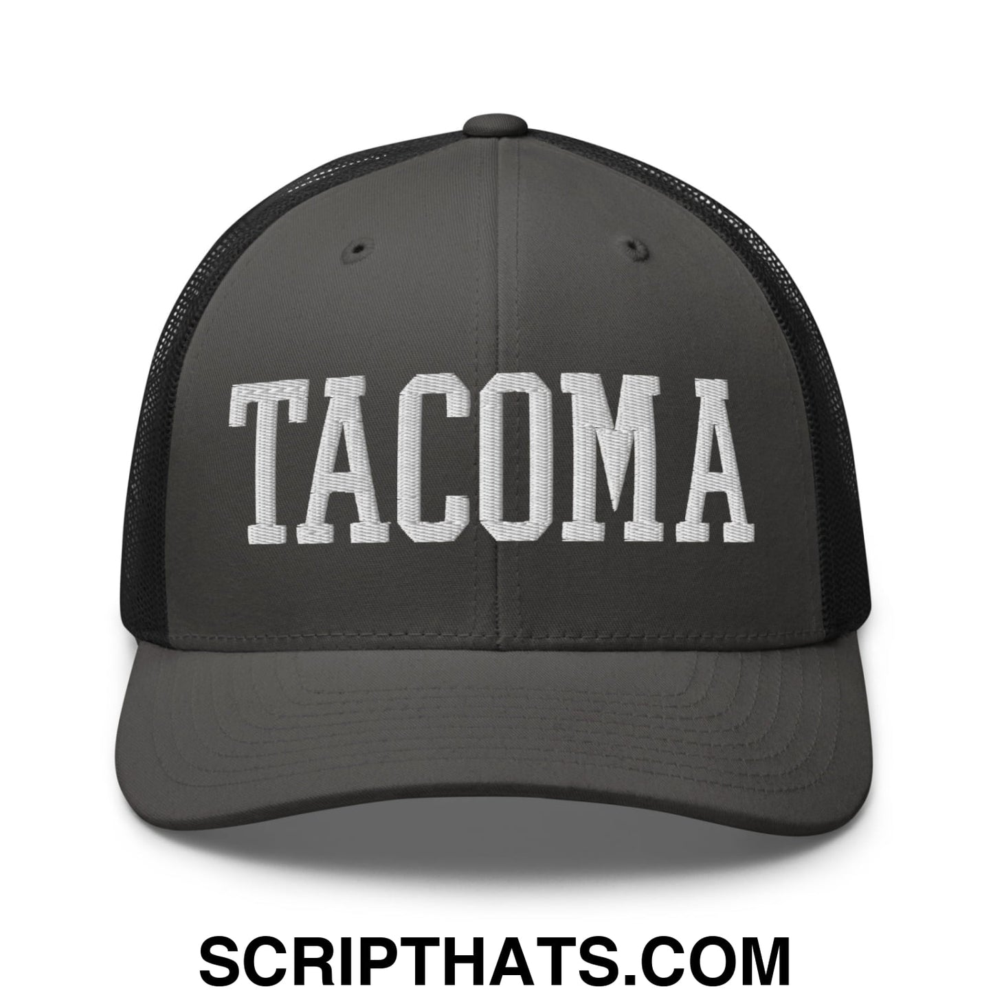 Tacoma Varisty College Block Embroidered Mesh Trucker Hat Charcoal Black