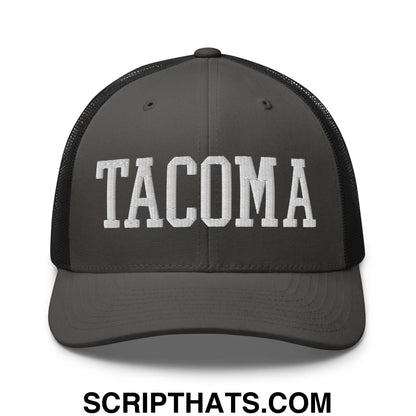 Tacoma Varisty College Block Embroidered Mesh Trucker Hat Charcoal Black