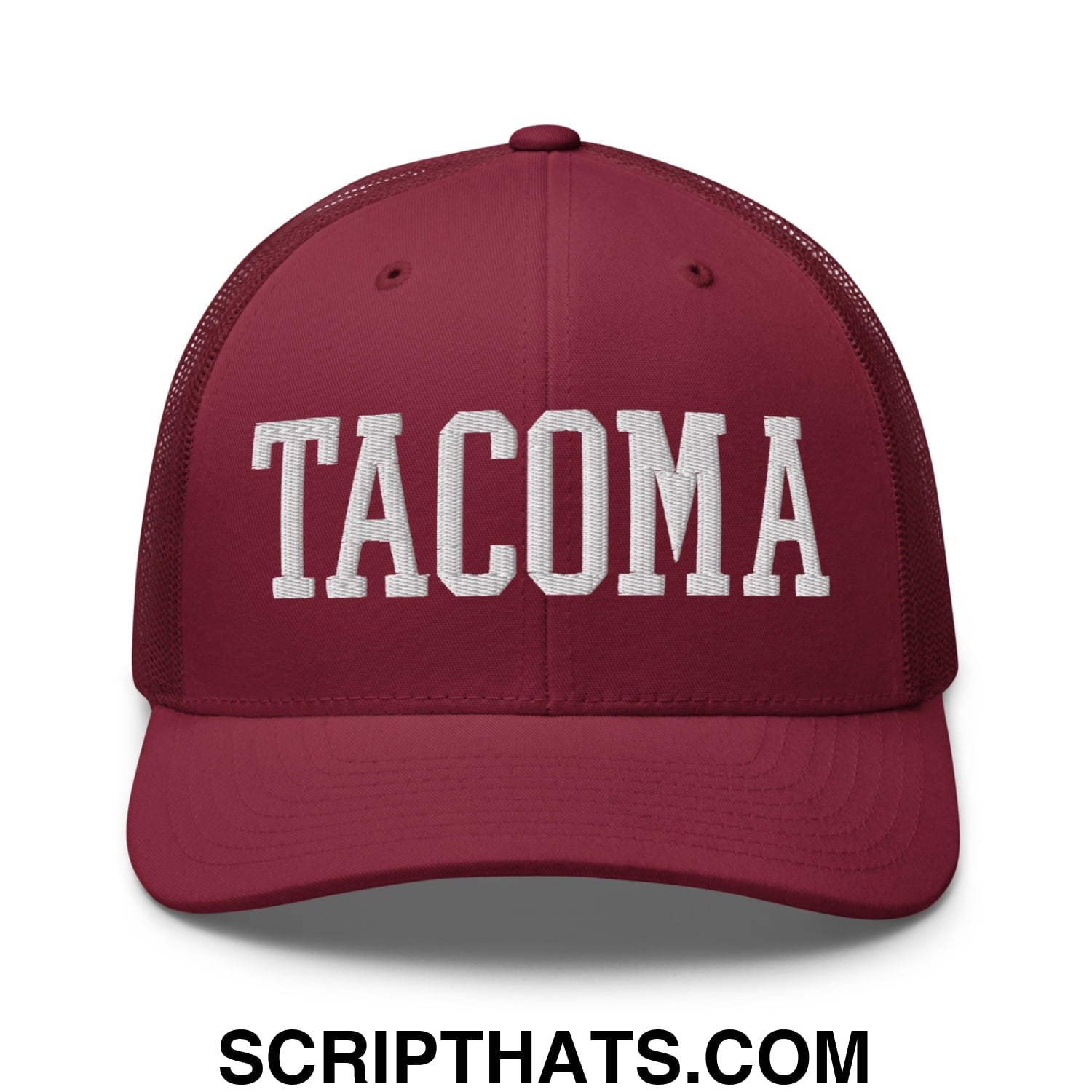 Tacoma Varisty College Block Embroidered Mesh Trucker Hat Cranberry